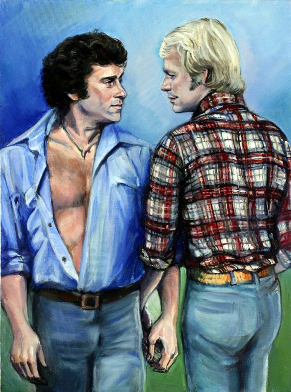 Color image, young Starsky and Hutch, facing each other, Hutch in plaid shirt, Starsky in denim, holding hands.