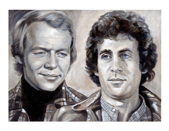 Starsky is wearing his leather jacket. Hutch is wearing his plaid shirt.