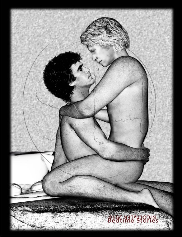 Bedtime Stories by Nicol Tyler Starsky and Hutch facing each other; Starsky sitting on bed, Hutch astride his lap, both nude