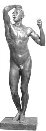 Lifelike bronze sculpture of a standing nude man, caught in a moment of powerful emergence or profound suffering: Auguste Rodin's The Age of Bronze, originally The Conquered Man, depicting a suspended moment of human awakening.