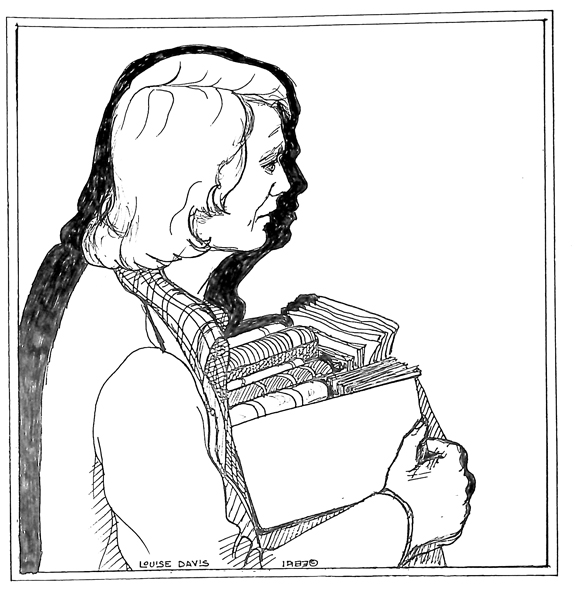 Hutch holding a box of books, seems concerned.