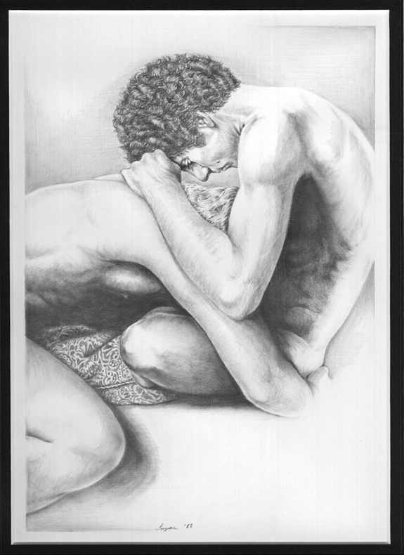 Starsky and Hutch in an intimate embrace; Starsky, sitting, holds Hutch as Hutch makes loved to Starsky orally.