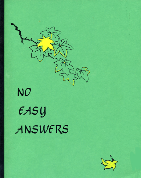 Cover of original zine. Green cover with pen and ink drawing of green leafy brank, with one yellow leaf. A single yellow leaf has separated from the branch and fallen.