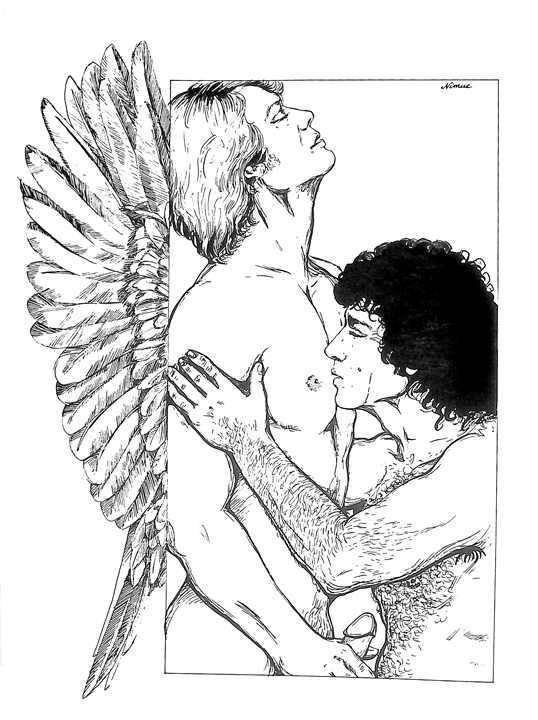 Hutch is standing, with wings on his back, while Starsky kisses his chest.