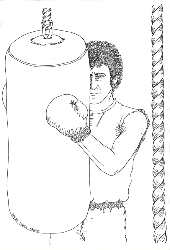Starsky, wearing a boxing glove, is holding onto a large punching bag, and peering around it.