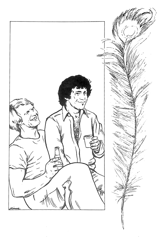 Starsky and Hutch sitting beside each other, smiling. A feather decorates the image.