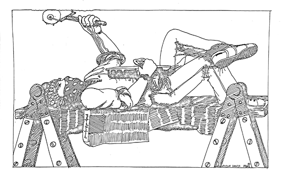 blk & white pen and ink drawing of Starsky on his back on a scaffold painting a ceiling with a roller.