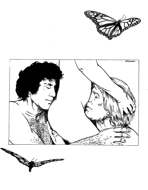 Starsky and Hutch embracing a nude woman in an erotic pose.