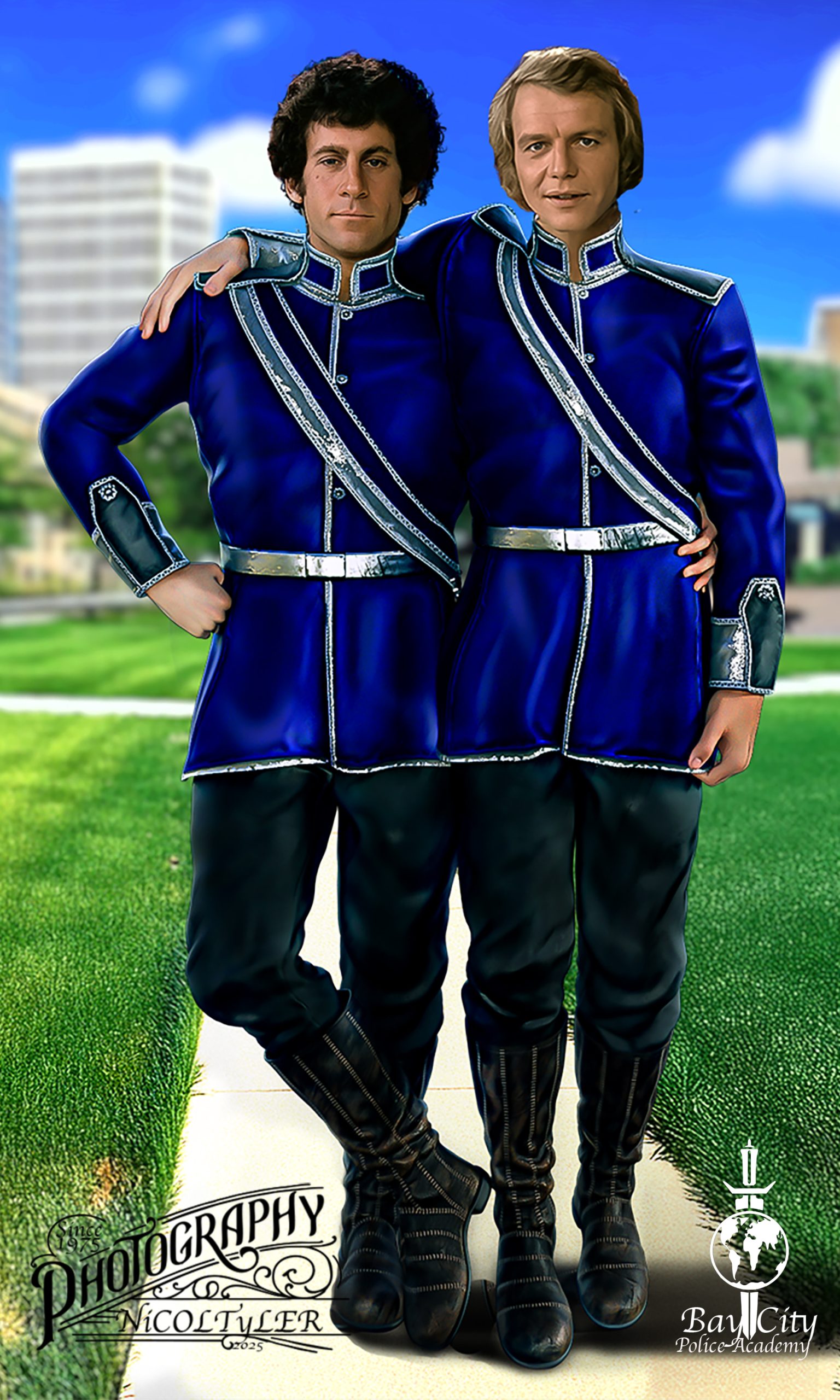 Artwork "photo" of Starsky and Hutch standing side-by-side, Hutch's arm slung over Starsky's shoulder and Starsky's arm wrapped around Hutch's waist. They are clothed in their alternate universe dress uniforms of blue tunics with epilauts, silver sashes and belts, black pants, and knee-high black leather boots. They stand on a city sidewalk in a green area with typical municipal buildings in the background.