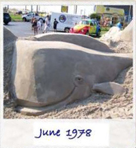 Very large sand sculpture of a whale on a beach